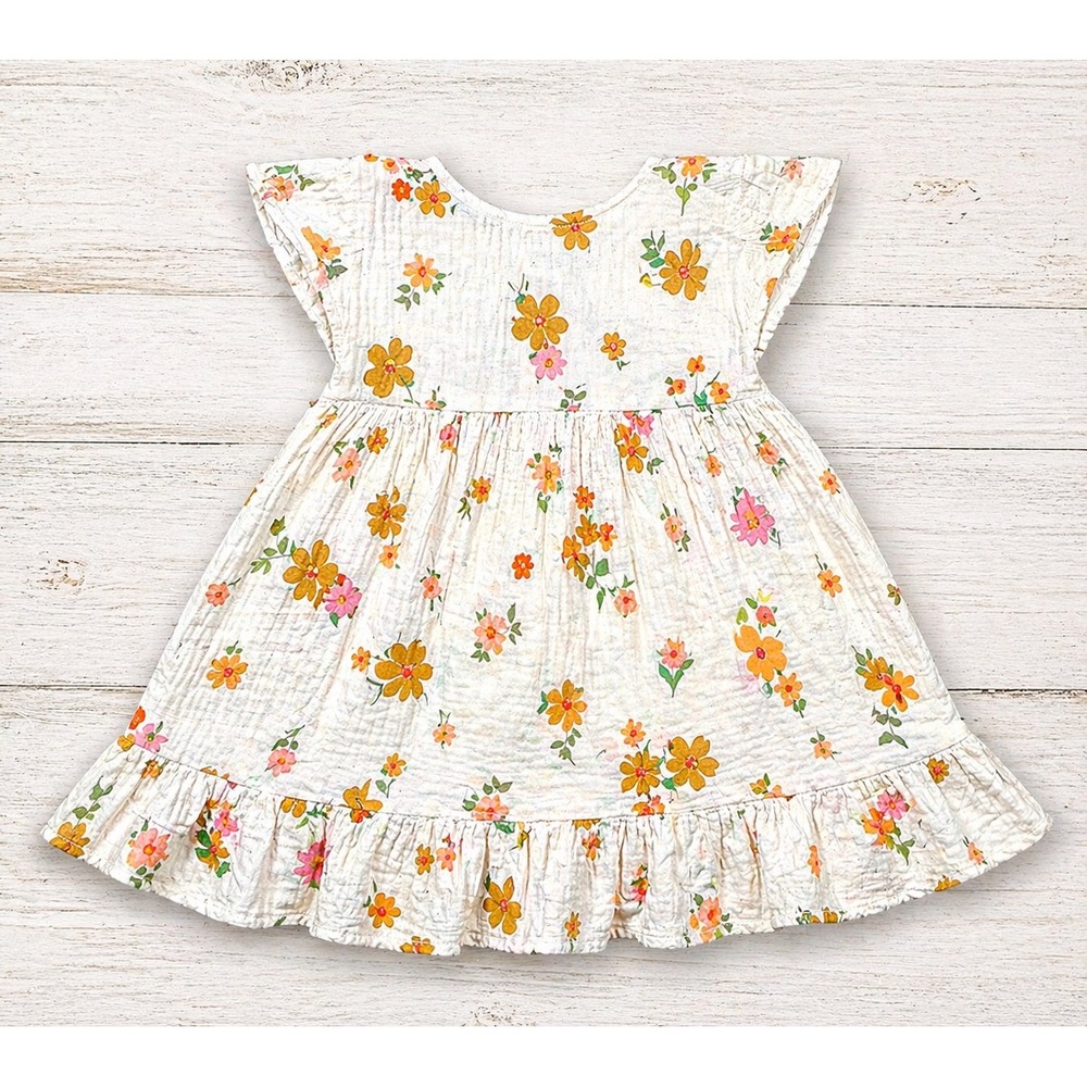 Zara Floral Muslin Dress Kids Size 4-5 Cream Boho Smocked Flutter Sleeve - Picture 2 of 4